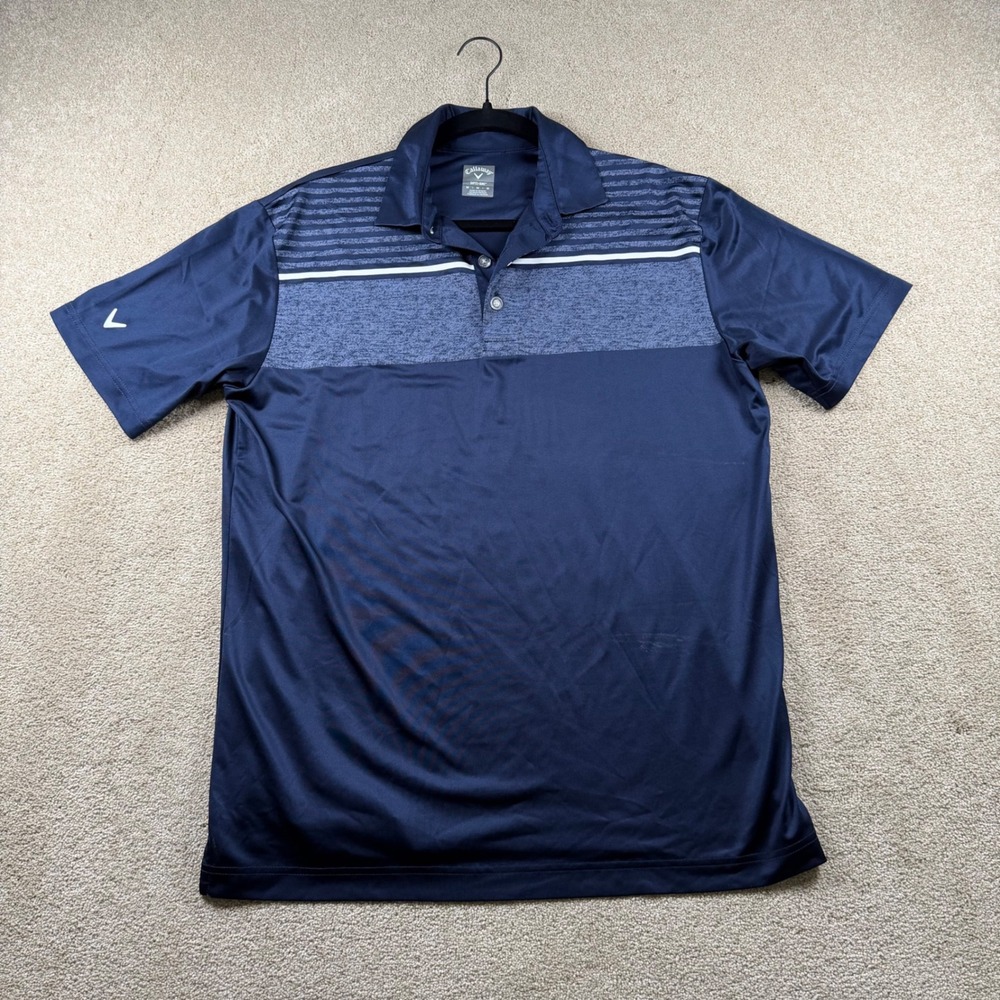 Callaway Opti-Dri Mens Medium Navy Blue Striped Short Sleeve Golf Polo Shirt